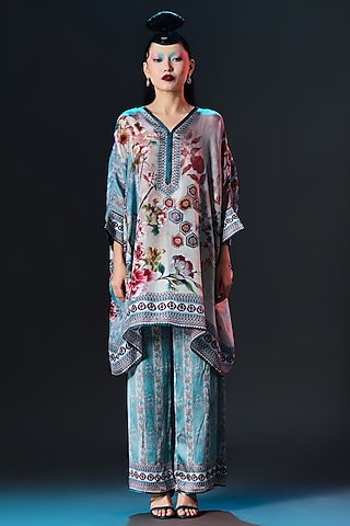 Brick & Aqua Silk Embroidered Tunic by Rajdeep Ranawat