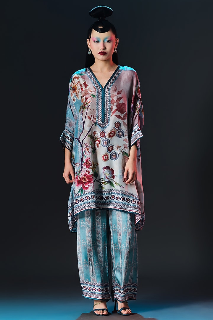 Brick & Aqua Silk Embroidered Tunic by Rajdeep Ranawat at Pernia's Pop Up Shop