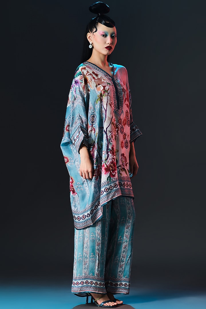 Brick & Aqua Silk Embroidered Tunic by Rajdeep Ranawat at Pernia's Pop Up Shop