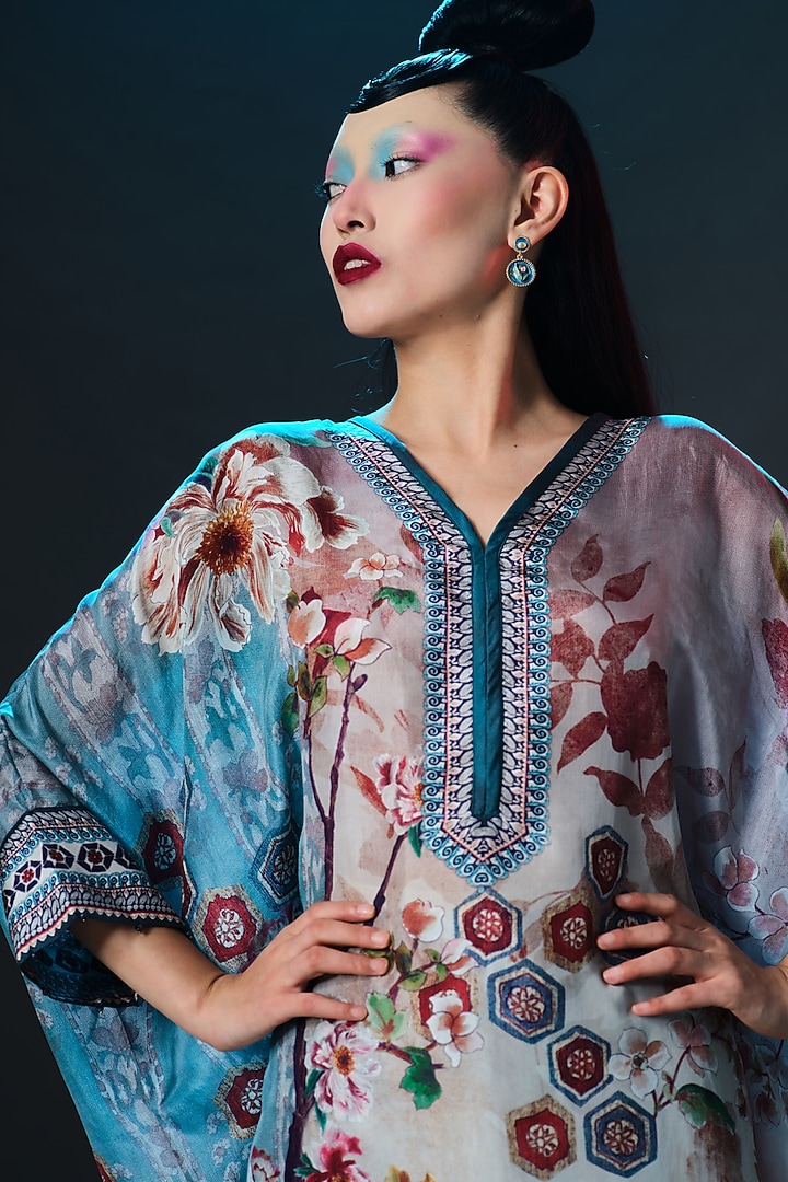 Brick & Aqua Silk Embroidered Tunic by Rajdeep Ranawat at Pernia's Pop Up Shop