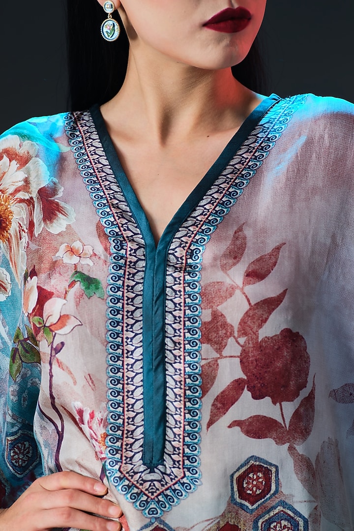 Brick & Aqua Silk Embroidered Tunic by Rajdeep Ranawat at Pernia's Pop Up Shop