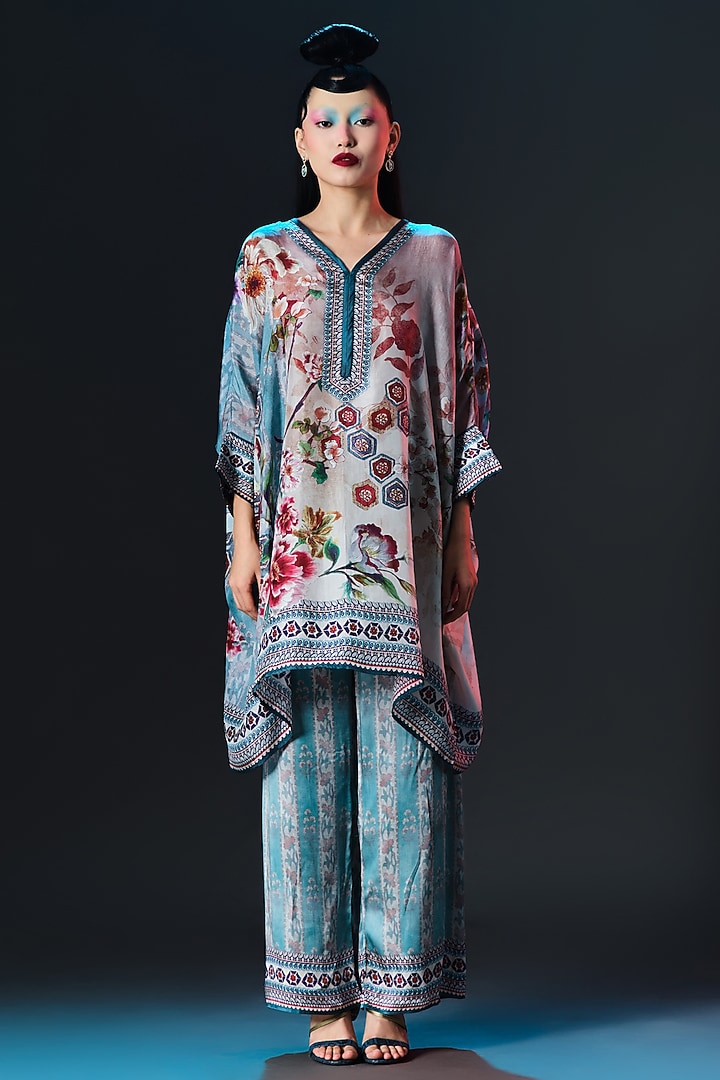 Brick & Aqua Blue Modal Satin Printed Pants by Rajdeep Ranawat at Pernia's Pop Up Shop
