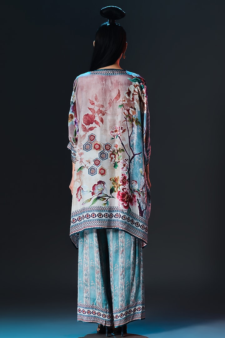 Brick & Aqua Blue Modal Satin Printed Pants by Rajdeep Ranawat at Pernia's Pop Up Shop