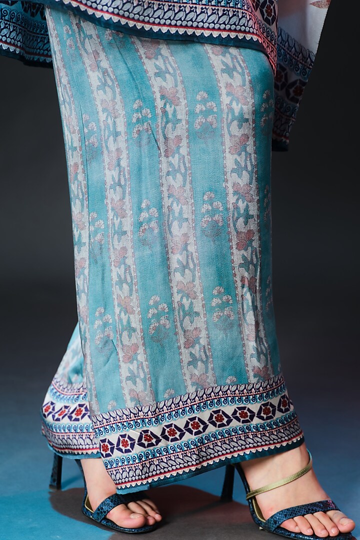Brick & Aqua Blue Modal Satin Printed Pants by Rajdeep Ranawat at Pernia's Pop Up Shop