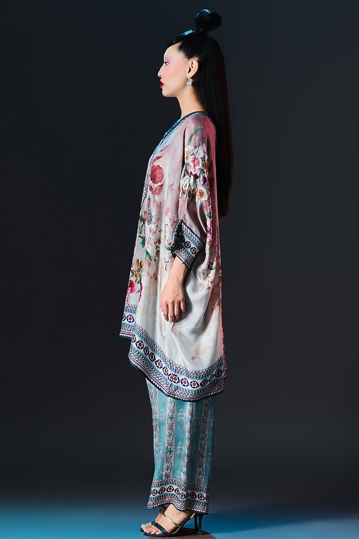Brick & Aqua Blue Modal Satin Printed Pants by Rajdeep Ranawat at Pernia's Pop Up Shop