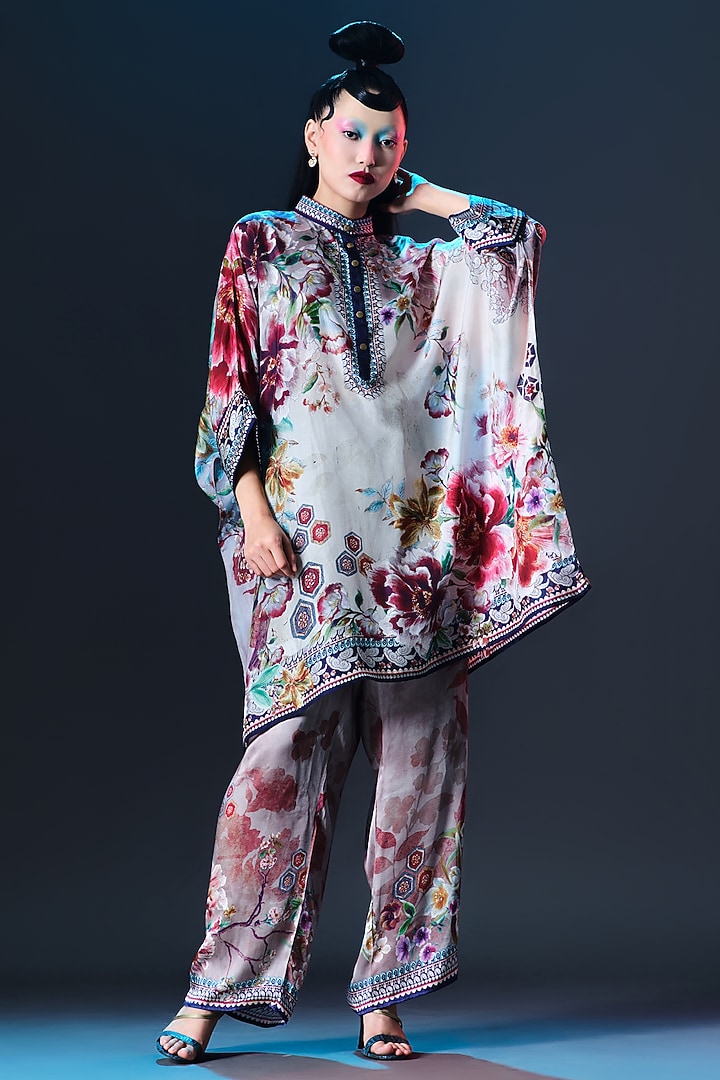 Beige Modal Satin Printed Pants by Rajdeep Ranawat at Pernia's Pop Up Shop