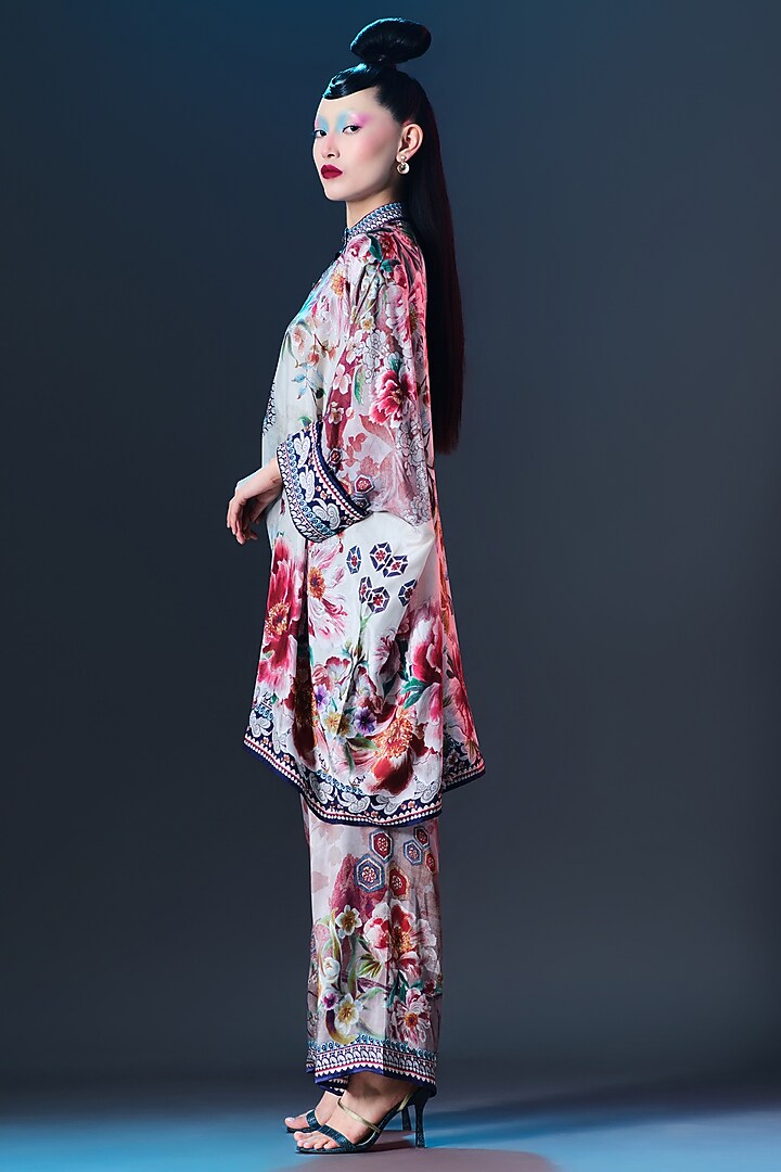 Beige Modal Satin Printed Pants by Rajdeep Ranawat at Pernia's Pop Up Shop
