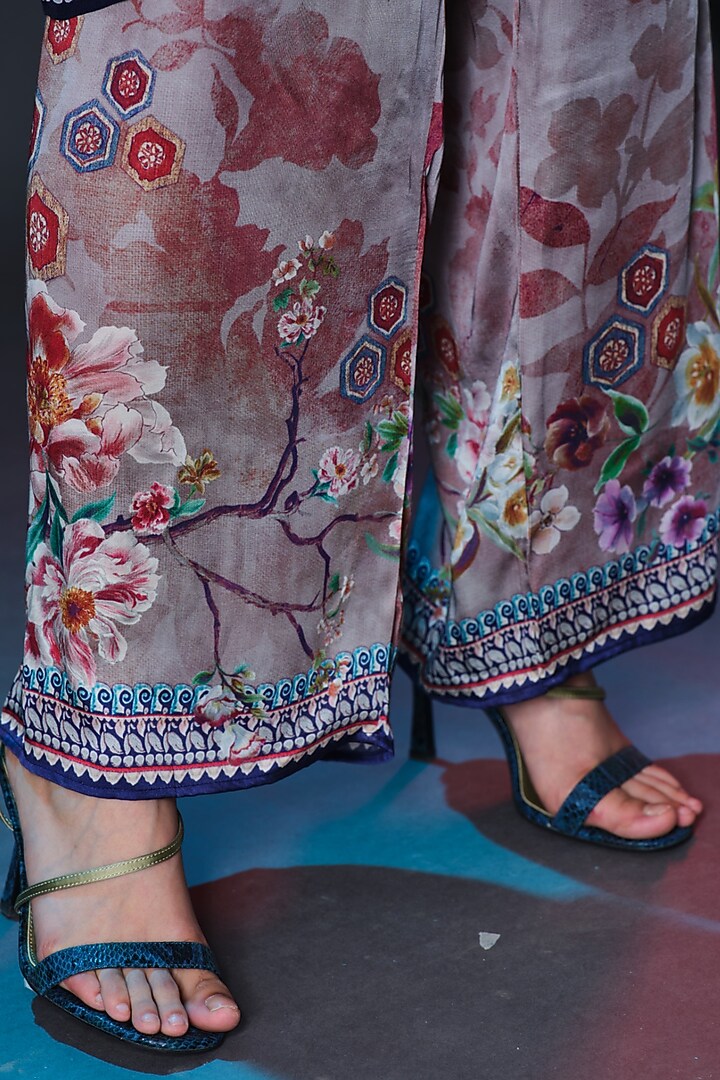 Beige Modal Satin Printed Pants by Rajdeep Ranawat at Pernia's Pop Up Shop