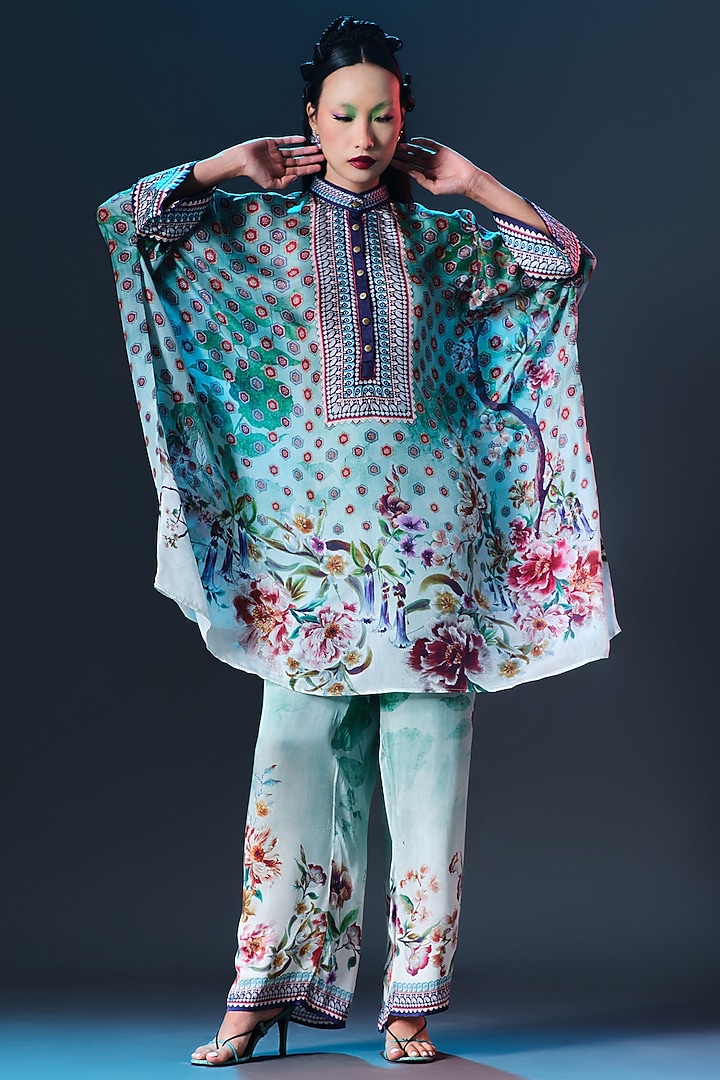 Mint Green Modal Satin Printed Pants by Rajdeep Ranawat at Pernia's Pop Up Shop