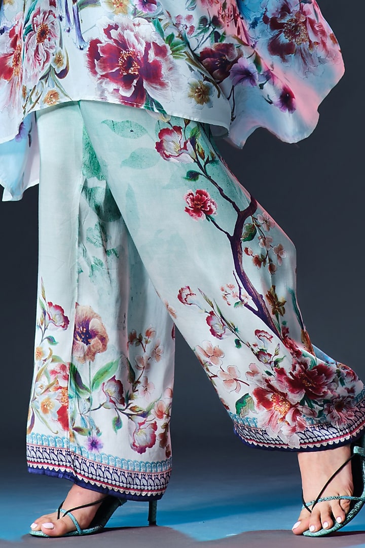 Mint Green Modal Satin Printed Pants by Rajdeep Ranawat at Pernia's Pop Up Shop