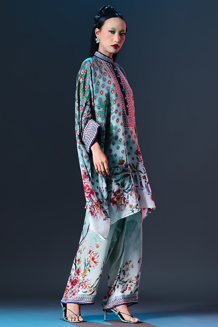 Mint Green Modal Satin Printed Pants by Rajdeep Ranawat at Pernia's Pop Up Shop