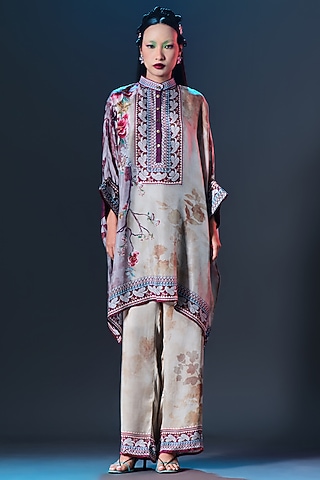 Lilac & Mocha Silk Embroidered Tunic by Rajdeep Ranawat