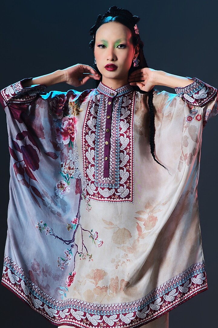 Lilac & Mocha Silk Embroidered Tunic by Rajdeep Ranawat at Pernia's Pop Up Shop