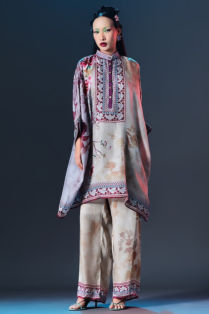 Lilac & Mocha Modal Satin Printed Pants by Rajdeep Ranawat at Pernia's Pop Up Shop