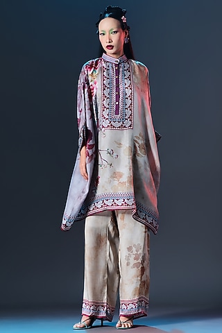 Lilac & Mocha Modal Satin Printed Pants by Rajdeep Ranawat