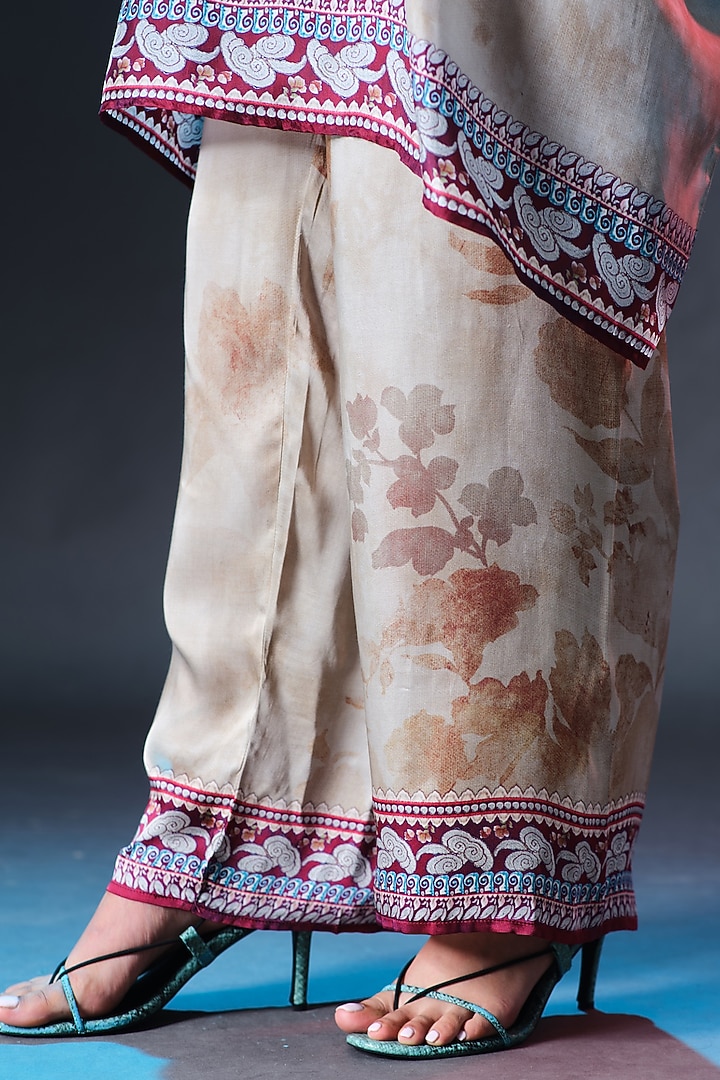 Lilac & Mocha Modal Satin Printed Pants by Rajdeep Ranawat at Pernia's Pop Up Shop