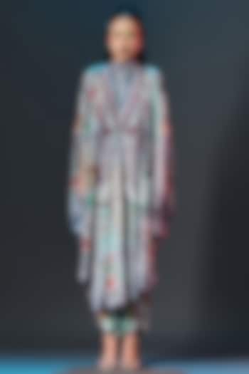 Beige & Sage Green Silk Draped Circular Maxi Vacation Dress by Rajdeep Ranawat at Pernia's Pop Up Shop