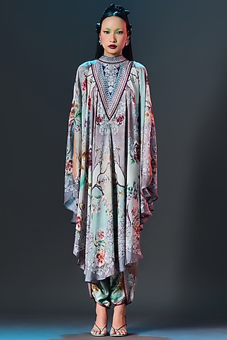 Beige & Sage Green Silk Draped Circular Maxi Dress by Rajdeep Ranawat