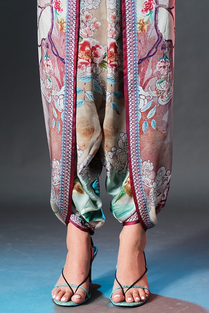 Beige & Sage Green Modal Satin Printed Dhoti Pants by Rajdeep Ranawat at Pernia's Pop Up Shop