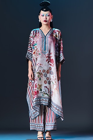 Brick Red Silk Striped Tunic by Rajdeep Ranawat