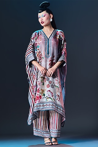 Brick Red Silk Striped Pants by Rajdeep Ranawat