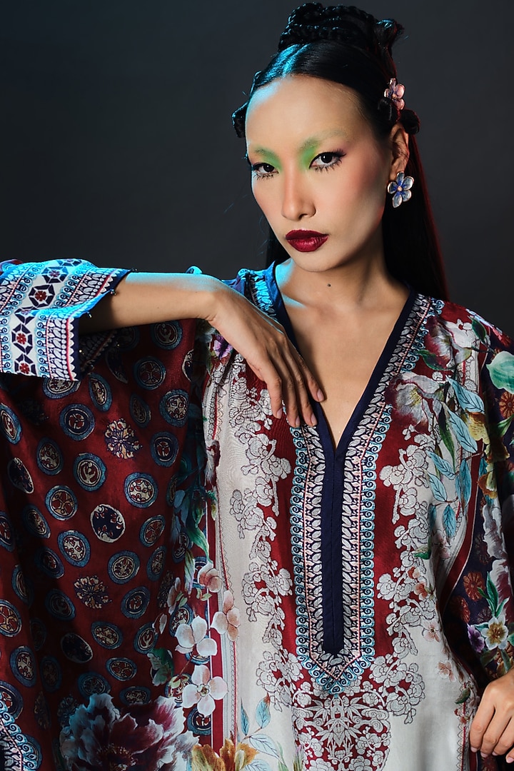 Beige & Maroon Silk V-Neck Tunic by Rajdeep Ranawat at Pernia's Pop Up Shop