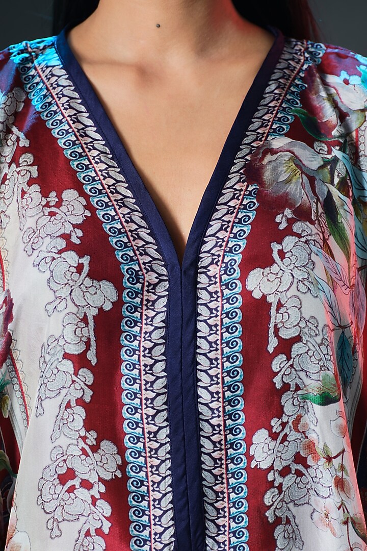 Beige & Maroon Silk V-Neck Tunic by Rajdeep Ranawat at Pernia's Pop Up Shop