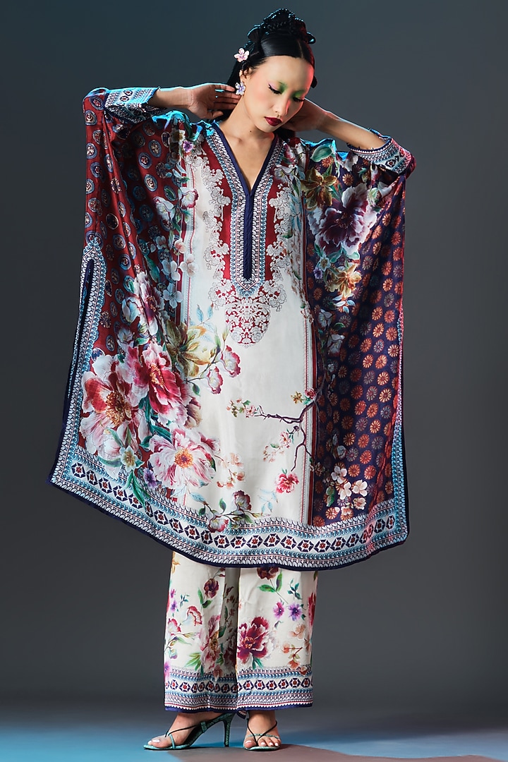 Beige & Maroon Modal Satin Printed Pants by Rajdeep Ranawat at Pernia's Pop Up Shop