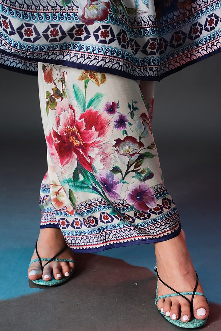 Beige & Maroon Modal Satin Printed Pants by Rajdeep Ranawat at Pernia's Pop Up Shop