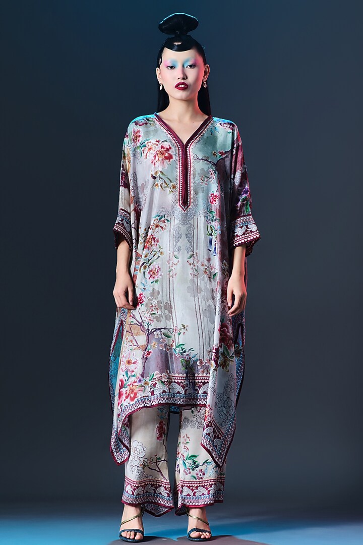 Beige & Sage Green Silk V-Neck Tunic by Rajdeep Ranawat at Pernia's Pop Up Shop