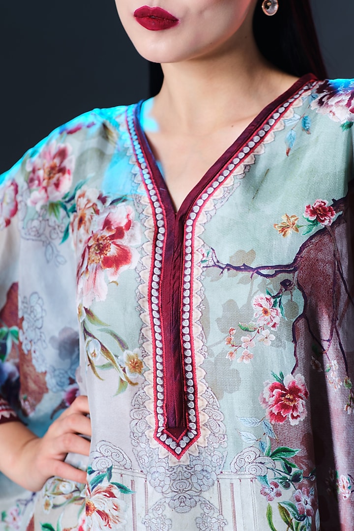 Beige & Sage Green Silk V-Neck Tunic by Rajdeep Ranawat at Pernia's Pop Up Shop