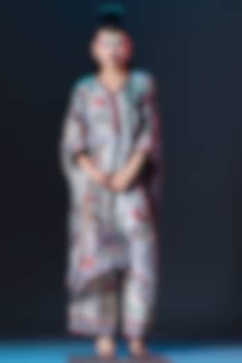 Beige & Sage Green Modal Satin Printed Pants by Rajdeep Ranawat at Pernia's Pop Up Shop