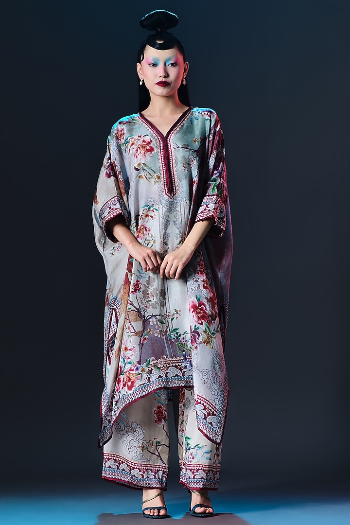 Beige & Sage Green Modal Satin Printed Pants by Rajdeep Ranawat at Pernia's Pop Up Shop