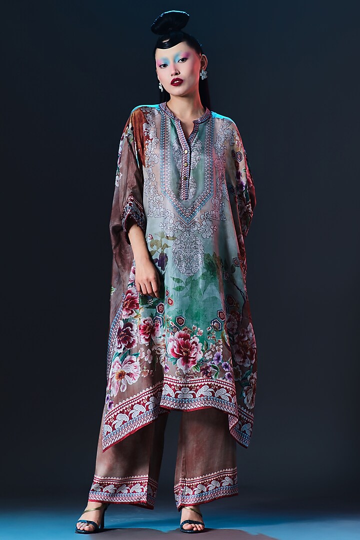 Caramel & Sage Green Silk V-Neck Tunic by Rajdeep Ranawat at Pernia's Pop Up Shop