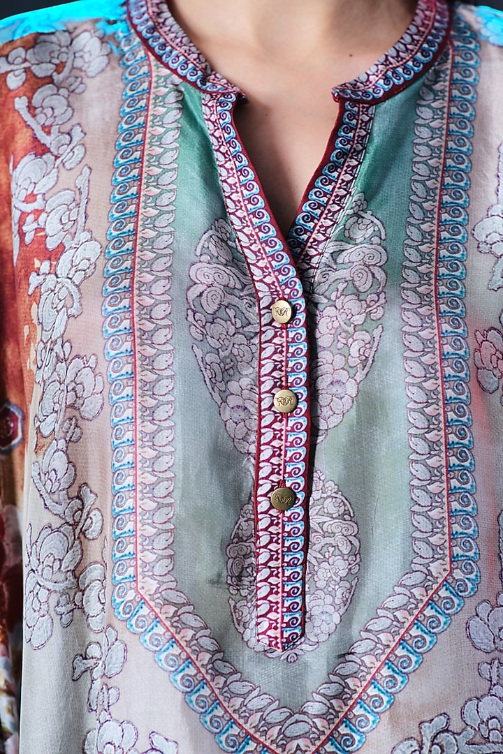 Caramel & Sage Green Silk V-Neck Tunic by Rajdeep Ranawat at Pernia's Pop Up Shop