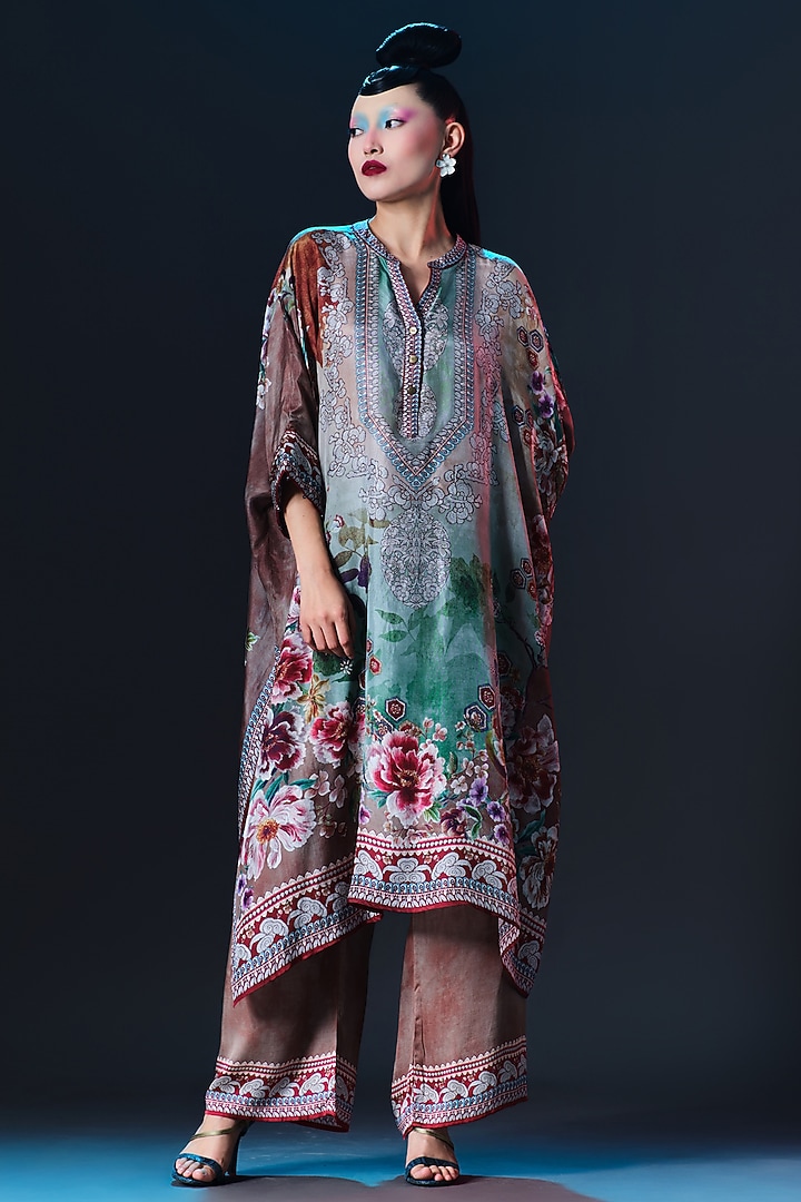 Caramel & Sage Green Modal Satin Printed Pants by Rajdeep Ranawat at Pernia's Pop Up Shop