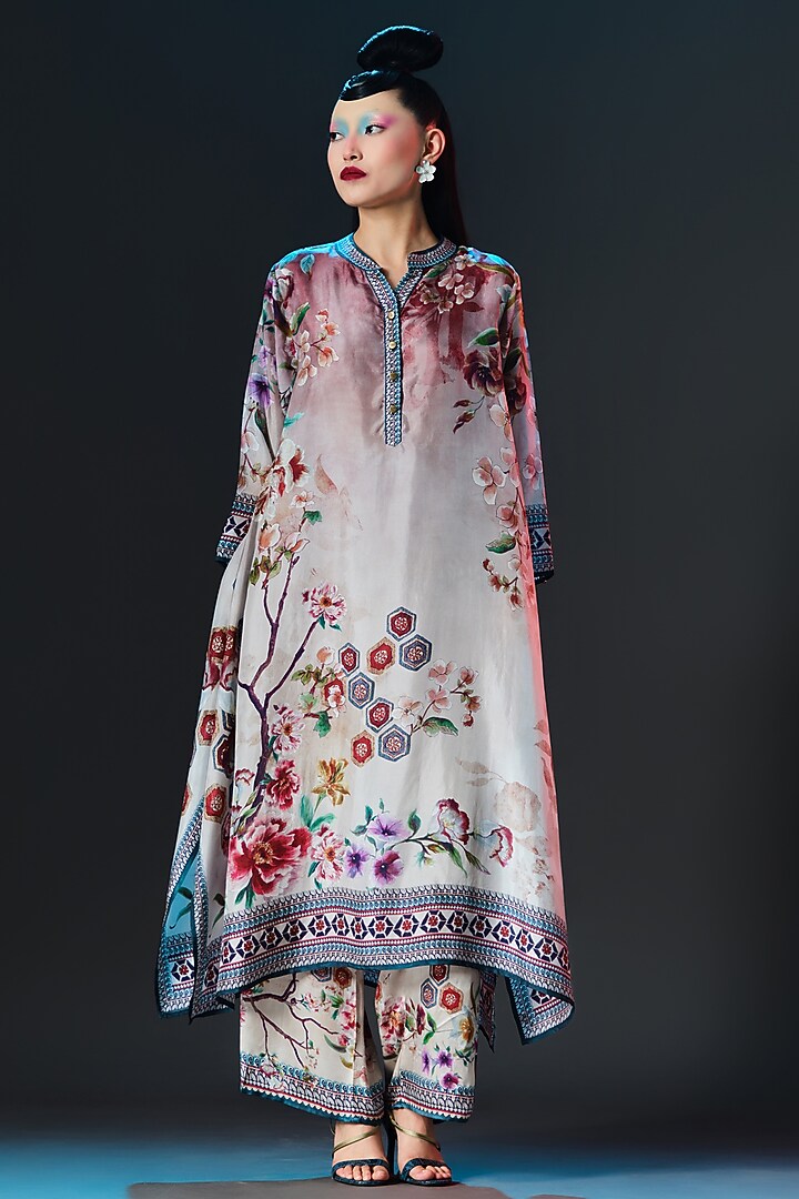 Brick Red & Beige Silk Flared Tunic by Rajdeep Ranawat at Pernia's Pop Up Shop