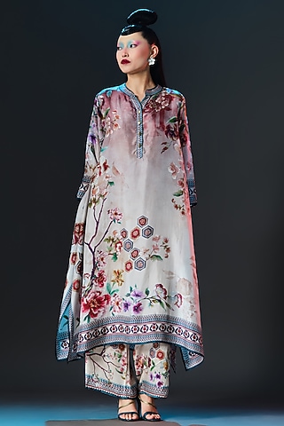 Brick Red & Beige Silk Flared Tunic by Rajdeep Ranawat