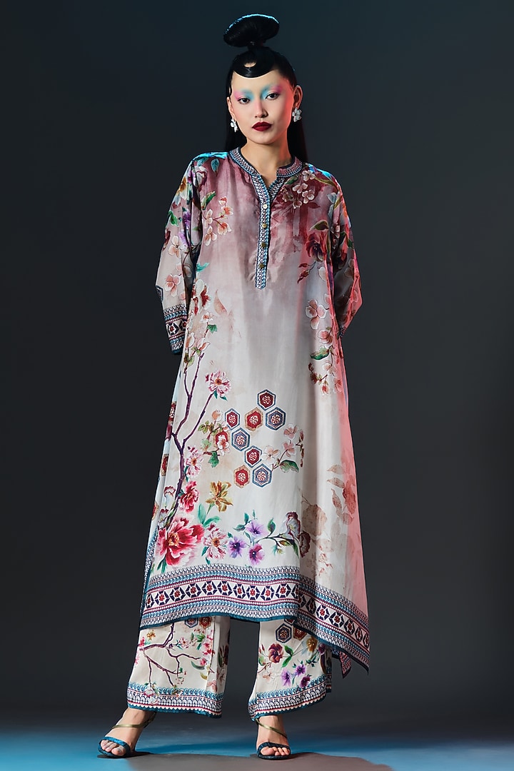 Brick Red & Beige Kota Modal Satin Printed Pants by Rajdeep Ranawat at Pernia's Pop Up Shop