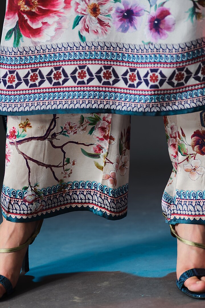 Brick Red & Beige Kota Modal Satin Printed Pants by Rajdeep Ranawat at Pernia's Pop Up Shop