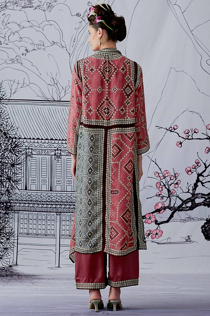 Dusty Rose & Charcoal Block Printed Cover Up Jacket by Rajdeep Ranawat at Pernia's Pop Up Shop
