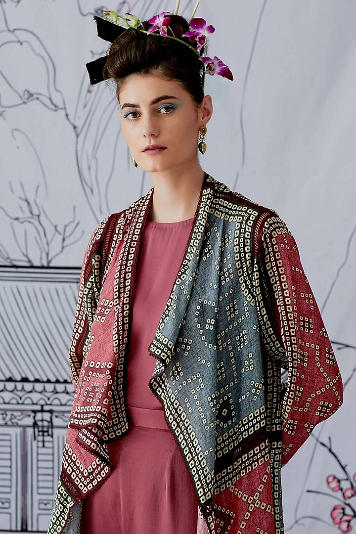 Dusty Rose & Charcoal Block Printed Cover Up Jacket by Rajdeep Ranawat at Pernia's Pop Up Shop