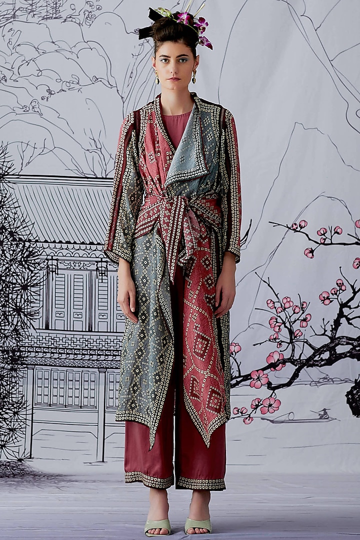 Dusty Rose & Charcoal Block Printed Cover Up Jacket Set by Rajdeep Ranawat at Pernia's Pop Up Shop