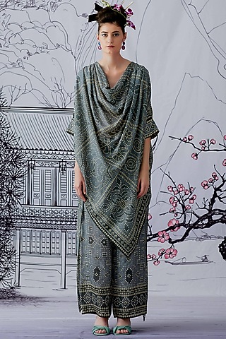 Charcoal Satin Printed Pants by Rajdeep Ranawat