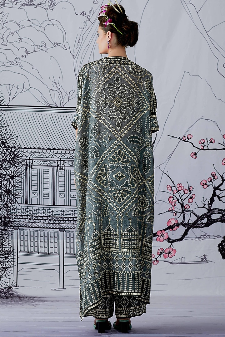 Charcoal Satin Printed Pants by Rajdeep Ranawat at Pernia's Pop Up Shop