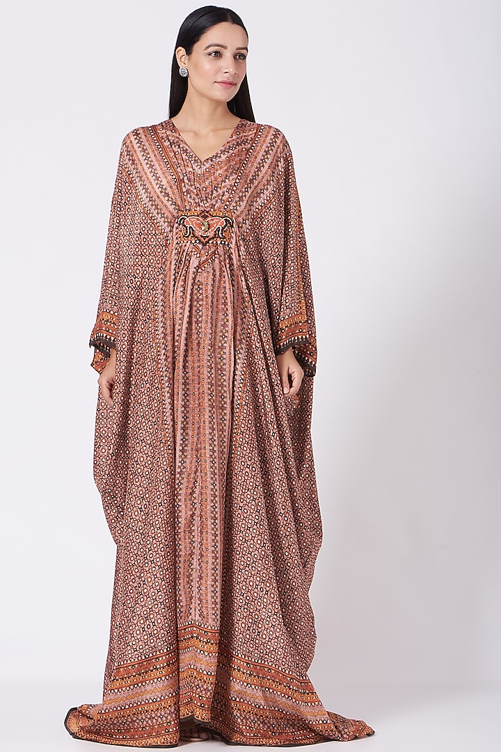 Rust Brown Printed Kaftan by Rajdeep Ranawat