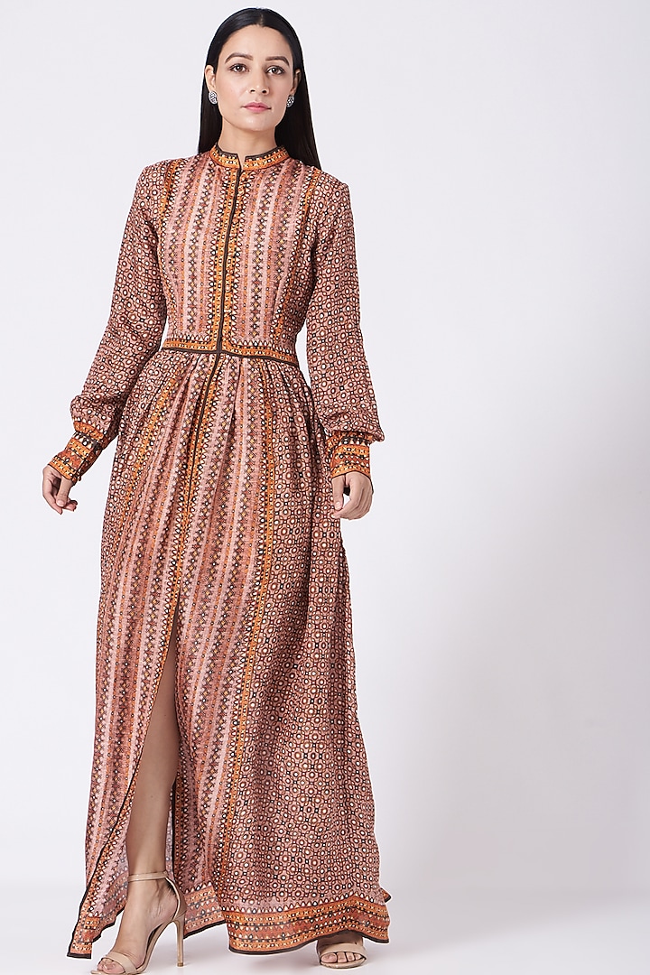 Rust Brown Printed Tunic Dress by Rajdeep Ranawat