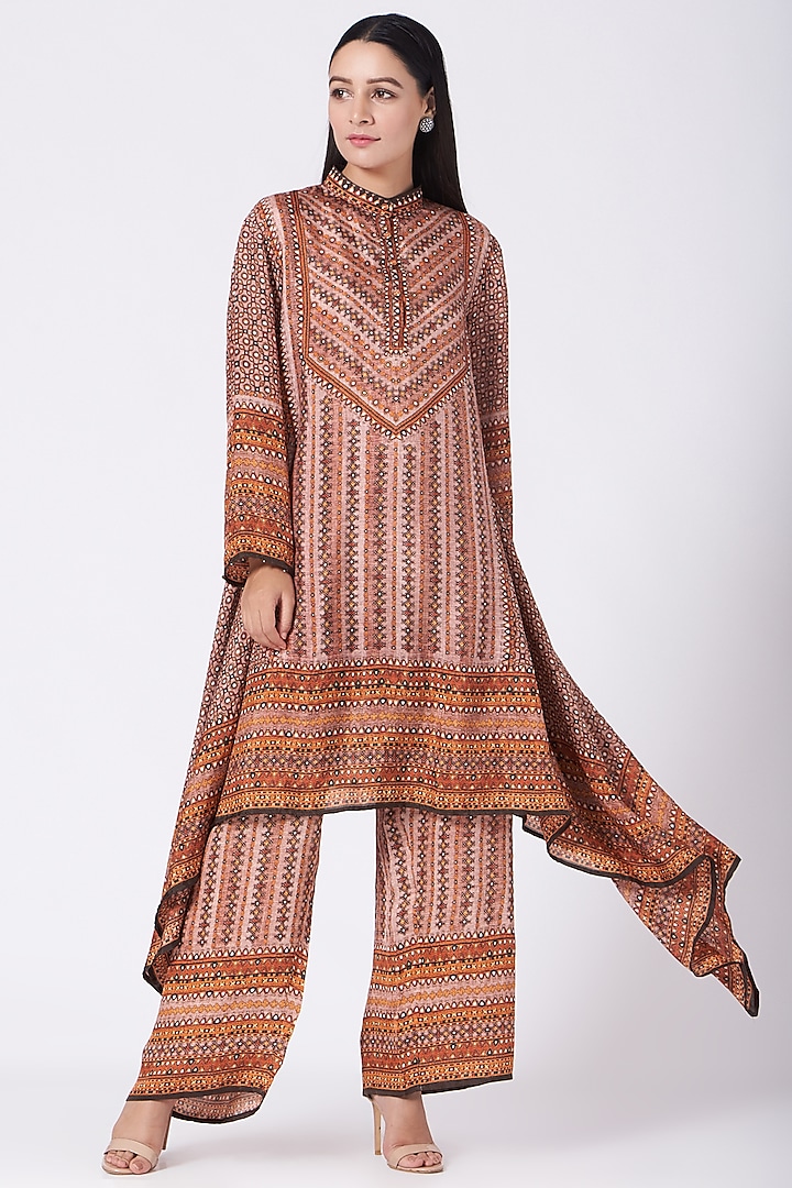 Rust Red Printed Asymmetrical Tunic by Rajdeep Ranawat at Pernia's Pop Up Shop