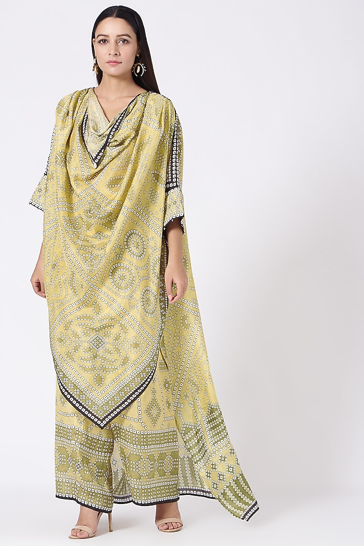 Yellow Printed Cowl Tunic by Rajdeep Ranawat