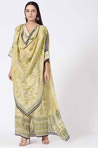 Yellow Printed Cowl Tunic by Rajdeep Ranawat